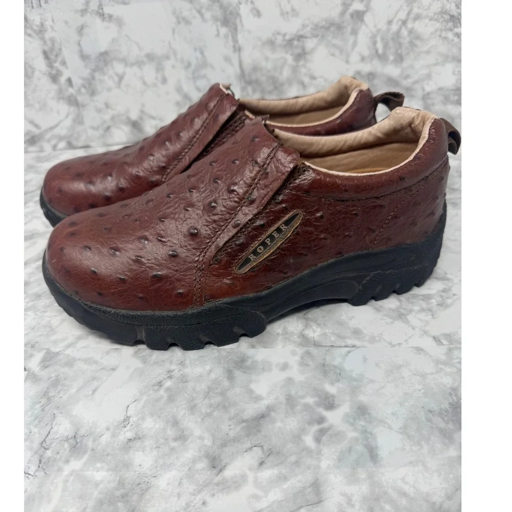 Roper‎ Men's Performance Ostrich Print Slip On Shoes Brown Leather Loafers
